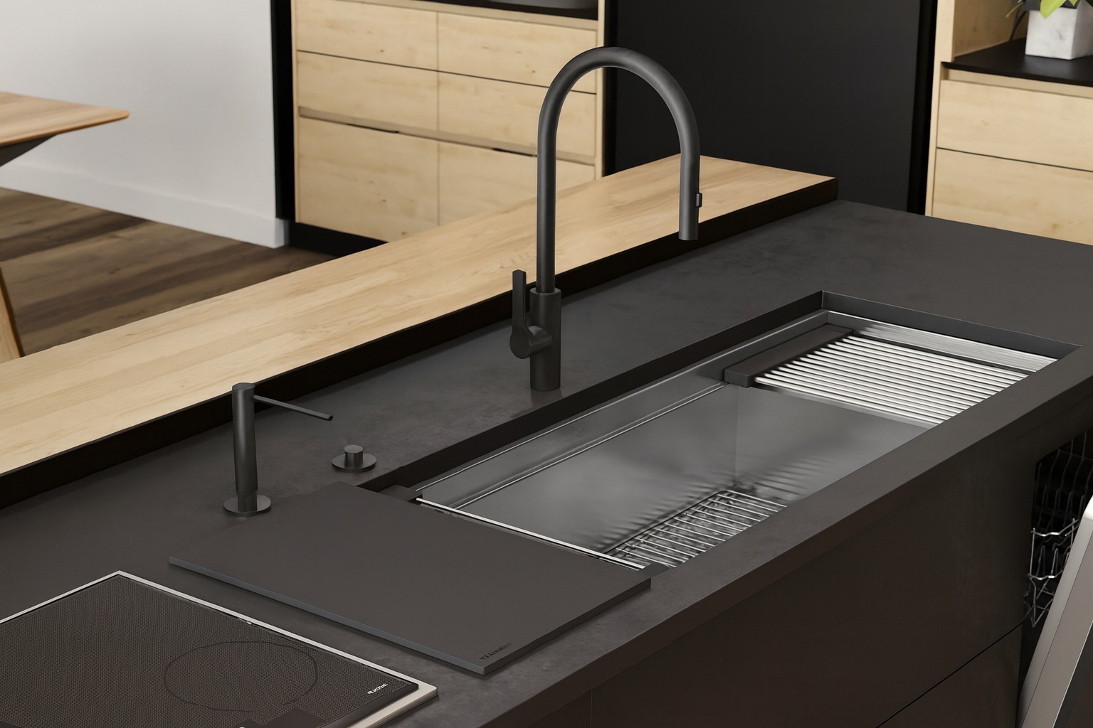 Ergonomic layout of faucet and dispenser at sink